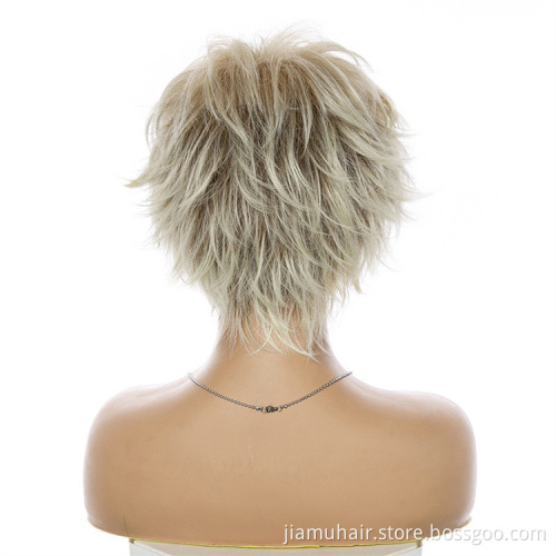 Ombre Brown Blonde Pixie Cut Women's Wig Shaggy Layered Natural Short Straight Synthetic Hair Female Haircut